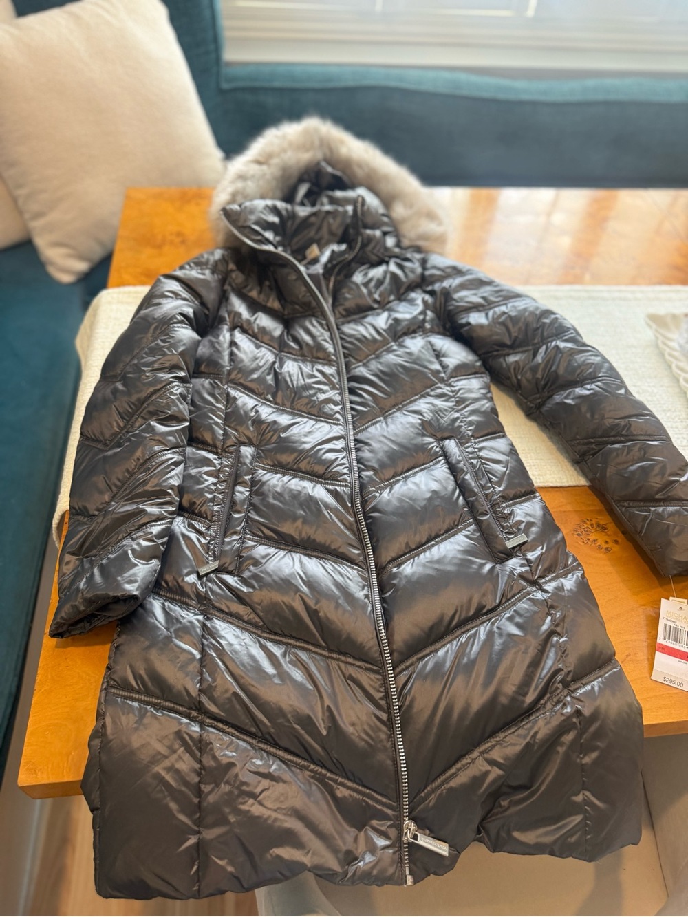 Michael Kors Charcoal Long Quilted Puffer Coat with Faux Fur Hood Nordstrom